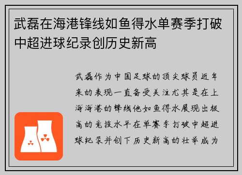 武磊在海港锋线如鱼得水单赛季打破中超进球纪录创历史新高
